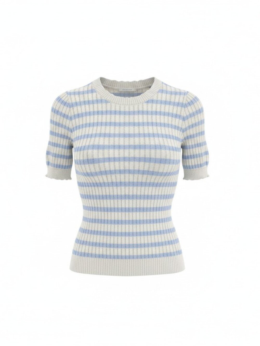 Double Zero Preppy Blue & White Striped Short Sleeve Balloon Sleeve Knit Sweater